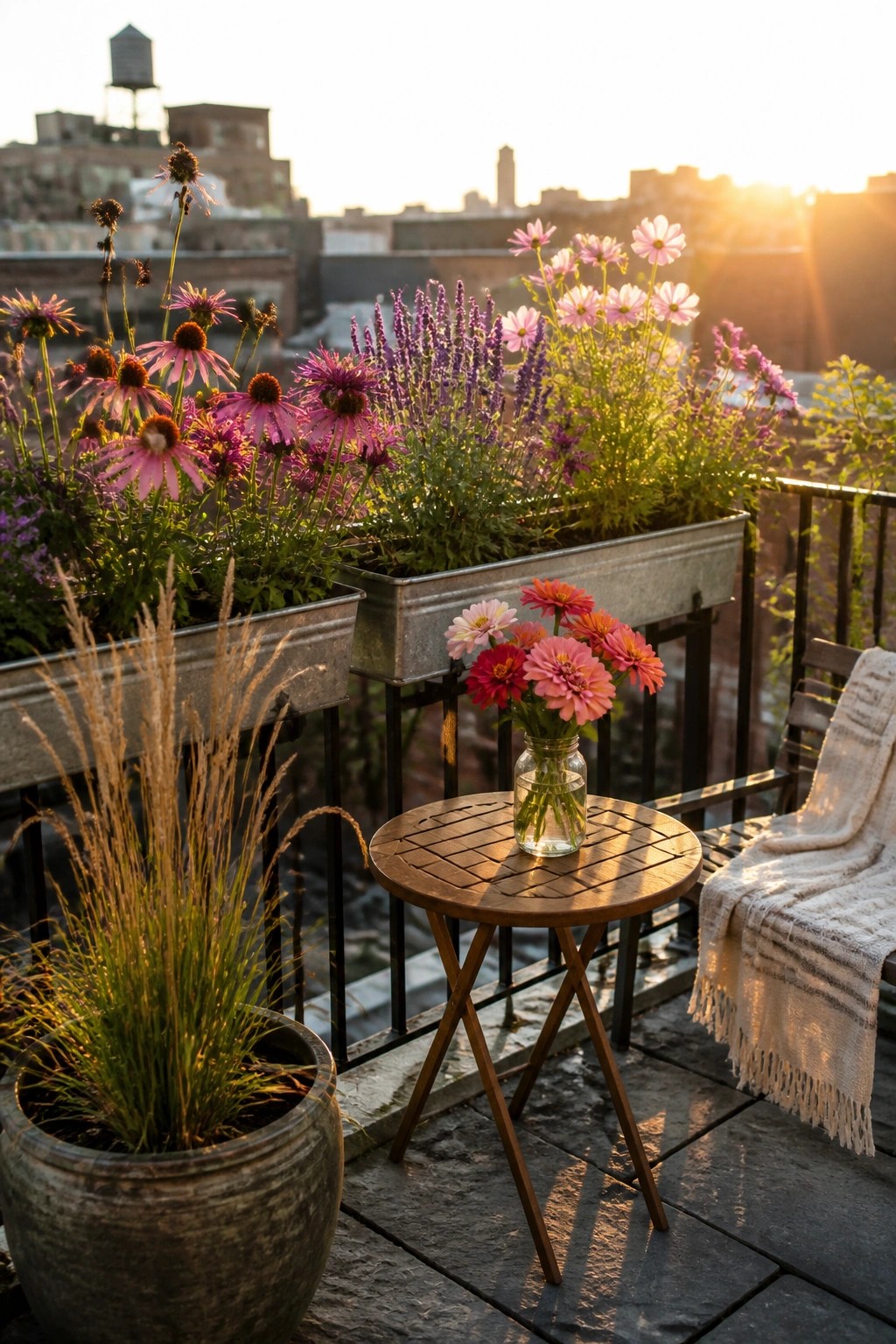 A city balcony at sunset with multiple metal railing planters filled with pink, purple, and orange flowers, a small round wooden table holding a glass jar of cut blooms, and a potted grass plant in the foreground.