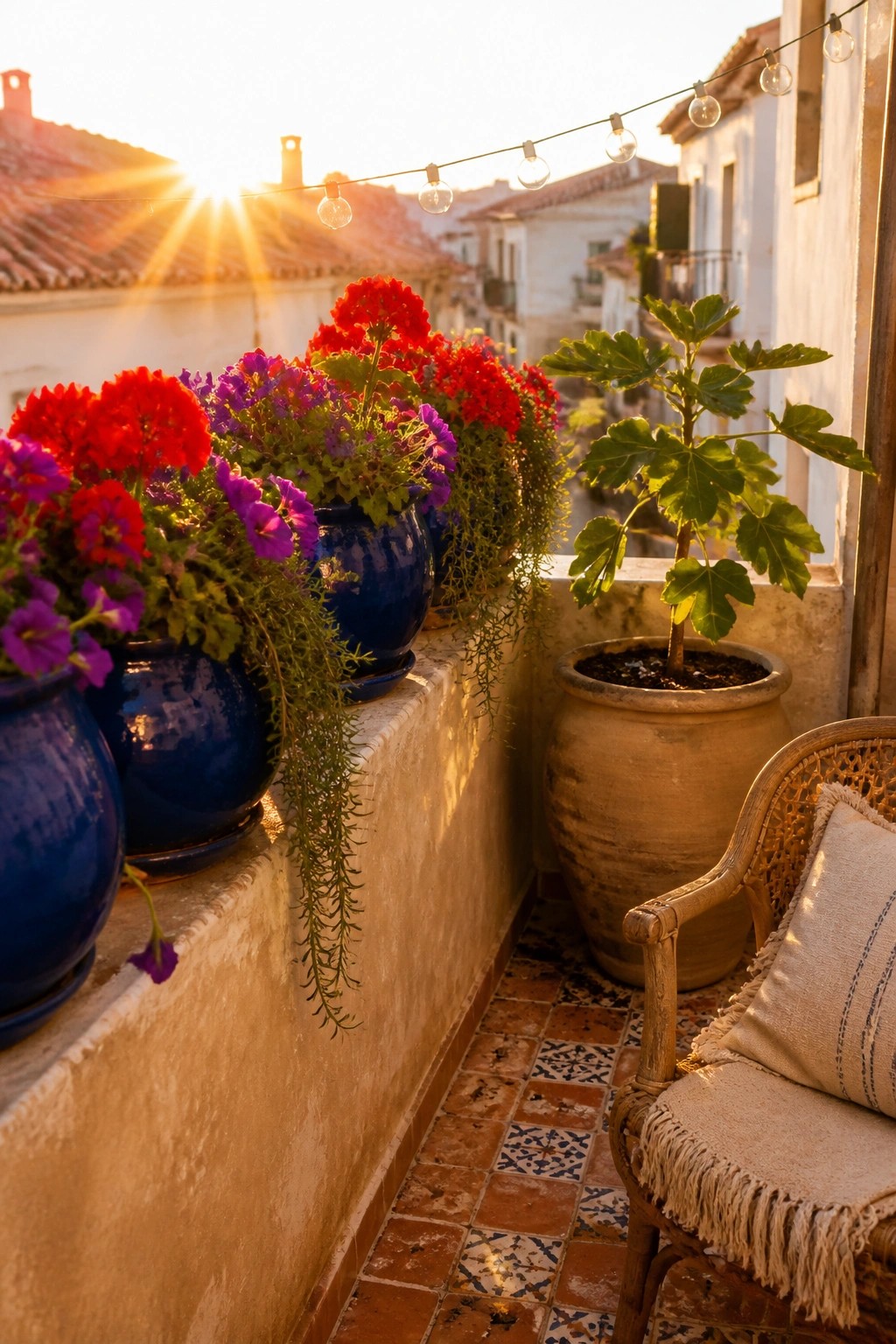 A sunlit balcony ledge lined with blue ceramic pots holding red and purple flowers, next to a large terracotta pot and a wicker chair on patterned tile.