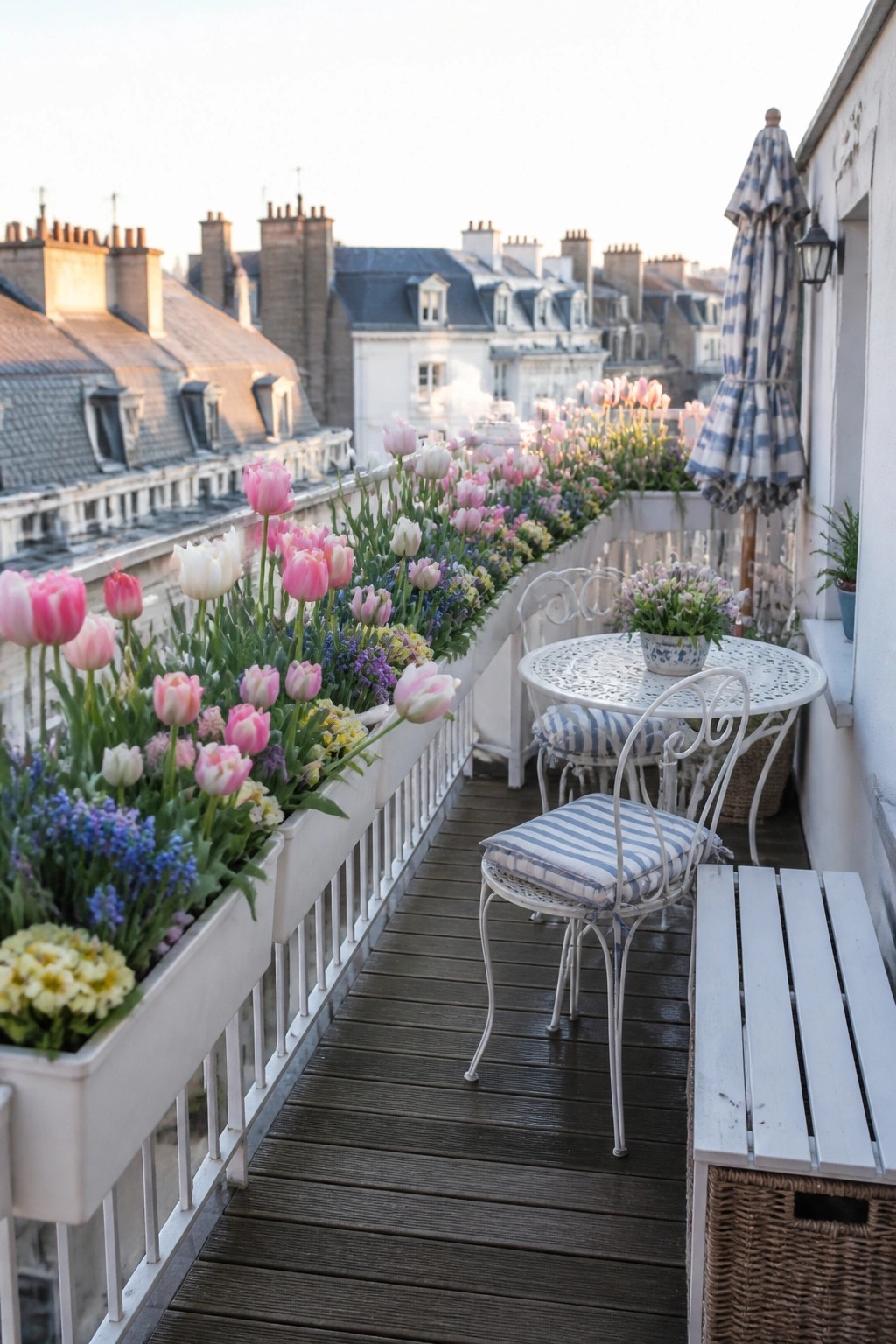 A narrow wooden balcony features white railing planters filled with rows of pink, white, and purple tulips and other flowers, plus a small white metal table and two chairs.