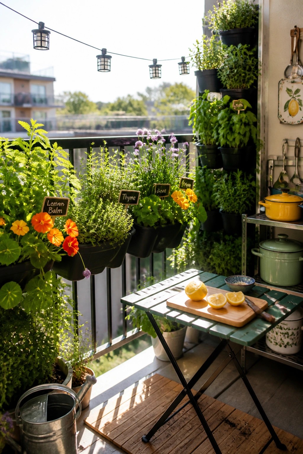 A balcony scene showing black railing-mounted planters with green herbs and orange flowers, a folding table holding cut lemons on a cutting board, and additional potted plants along the wall.