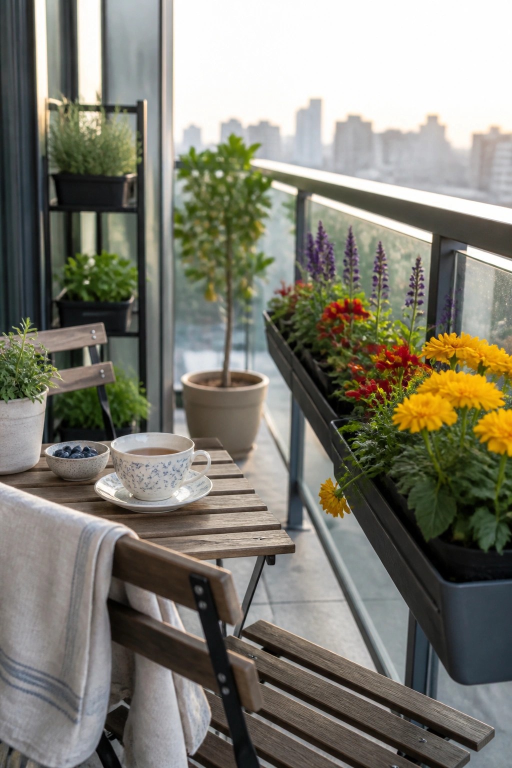 A small wooden balcony table holds a teacup and bowl of berries next to black railing planters filled with yellow, red, and purple flowers overlooking a city view.