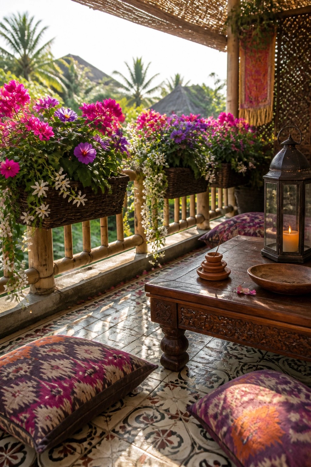 A balcony with colorful pink, purple, and white flowers in woven baskets attached to a bamboo railing, next to a wooden table and floor cushions.