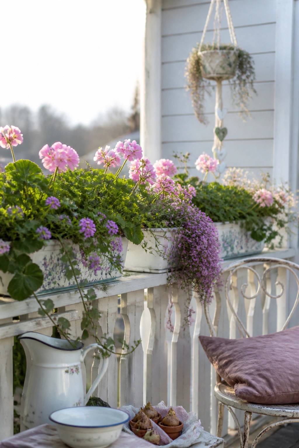 A white balcony railing holds several long planters filled with pink upright flowers and purple trailing blooms, with a hanging plant above and a metal chair with a cushion nearby.