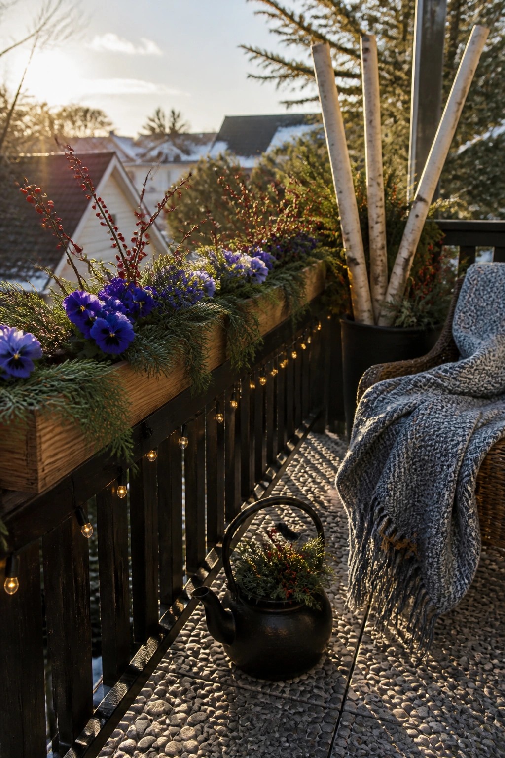 A wooden planter box attached to a dark balcony railing holds purple pansies, red berries, and evergreen branches, with string lights along the rail and a wicker chair nearby.