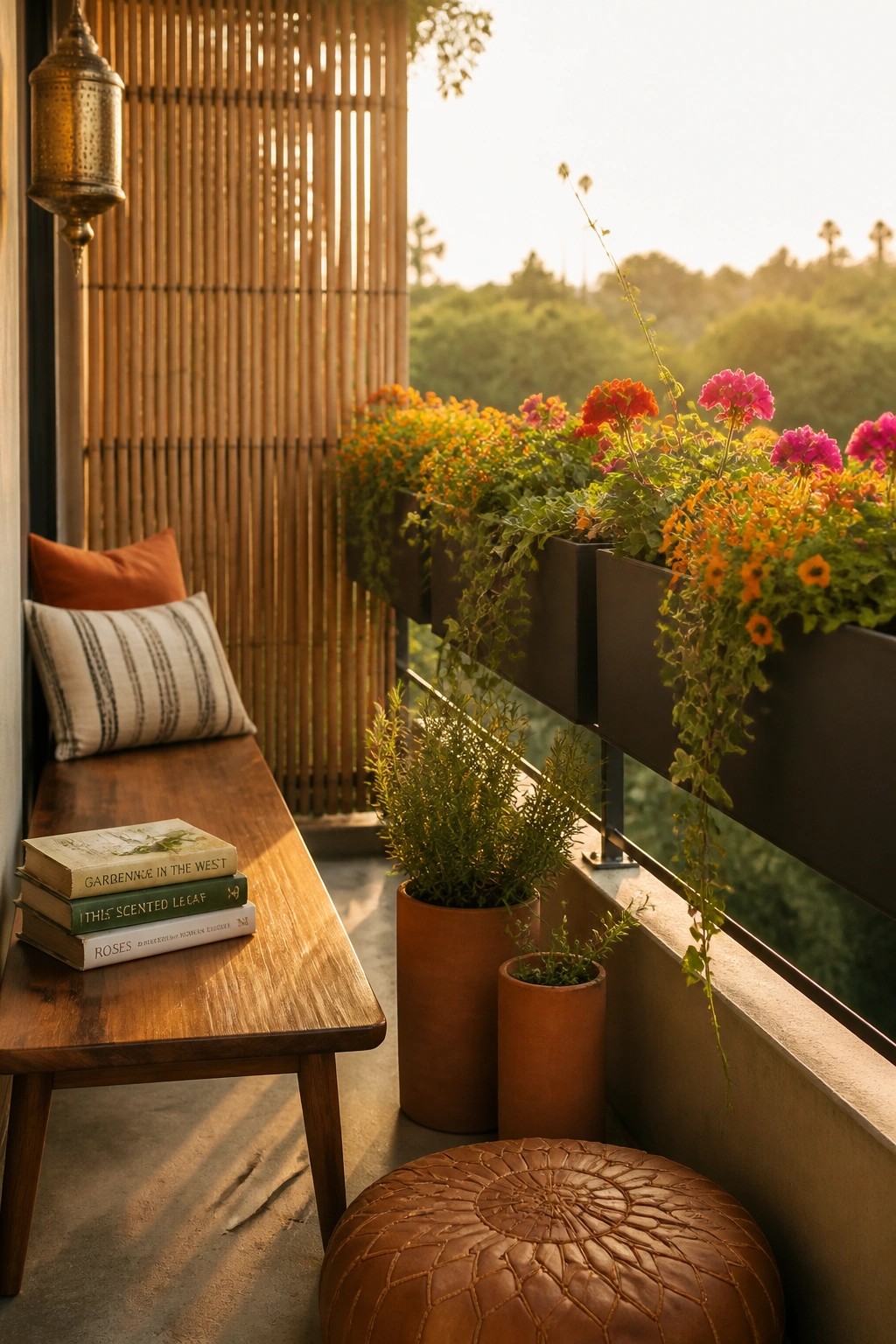 Cozy wooden balcony bench with books, cushions, terracotta pots, vibrant flowers, and leather pouf