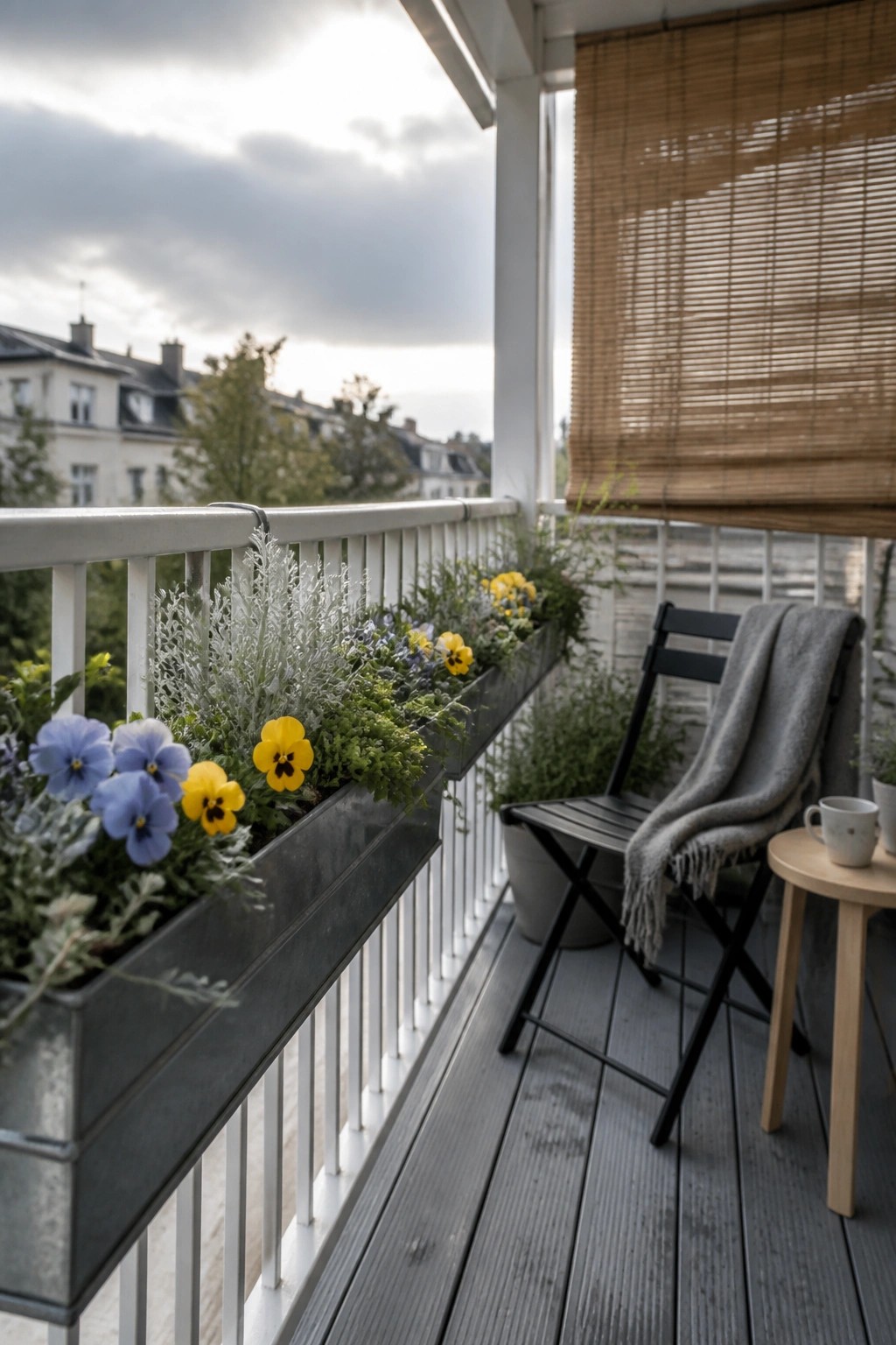 A balcony scene showing a long metal planter box attached to a white railing, filled with blue and yellow pansies and green foliage, beside a black folding chair with a gray throw and a small round wooden table holding two mugs.