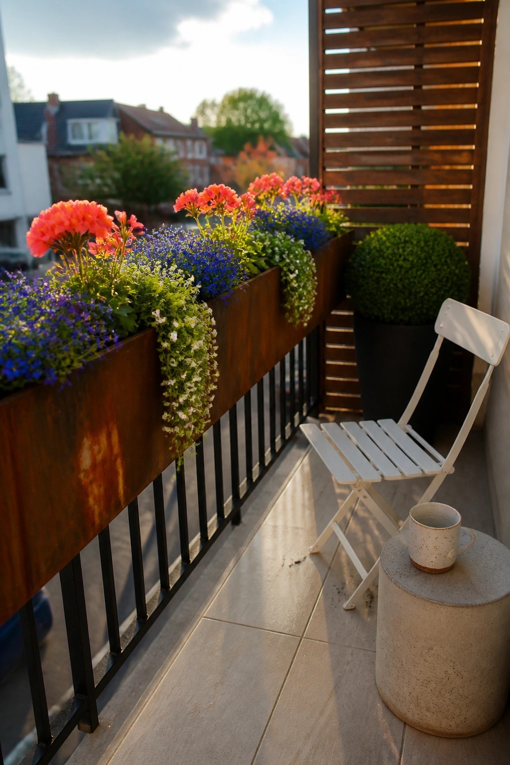 A balcony railing lined with long rusted metal planters filled with pink, blue, purple, and white flowers, next to a white folding chair and a round concrete table holding a mug.