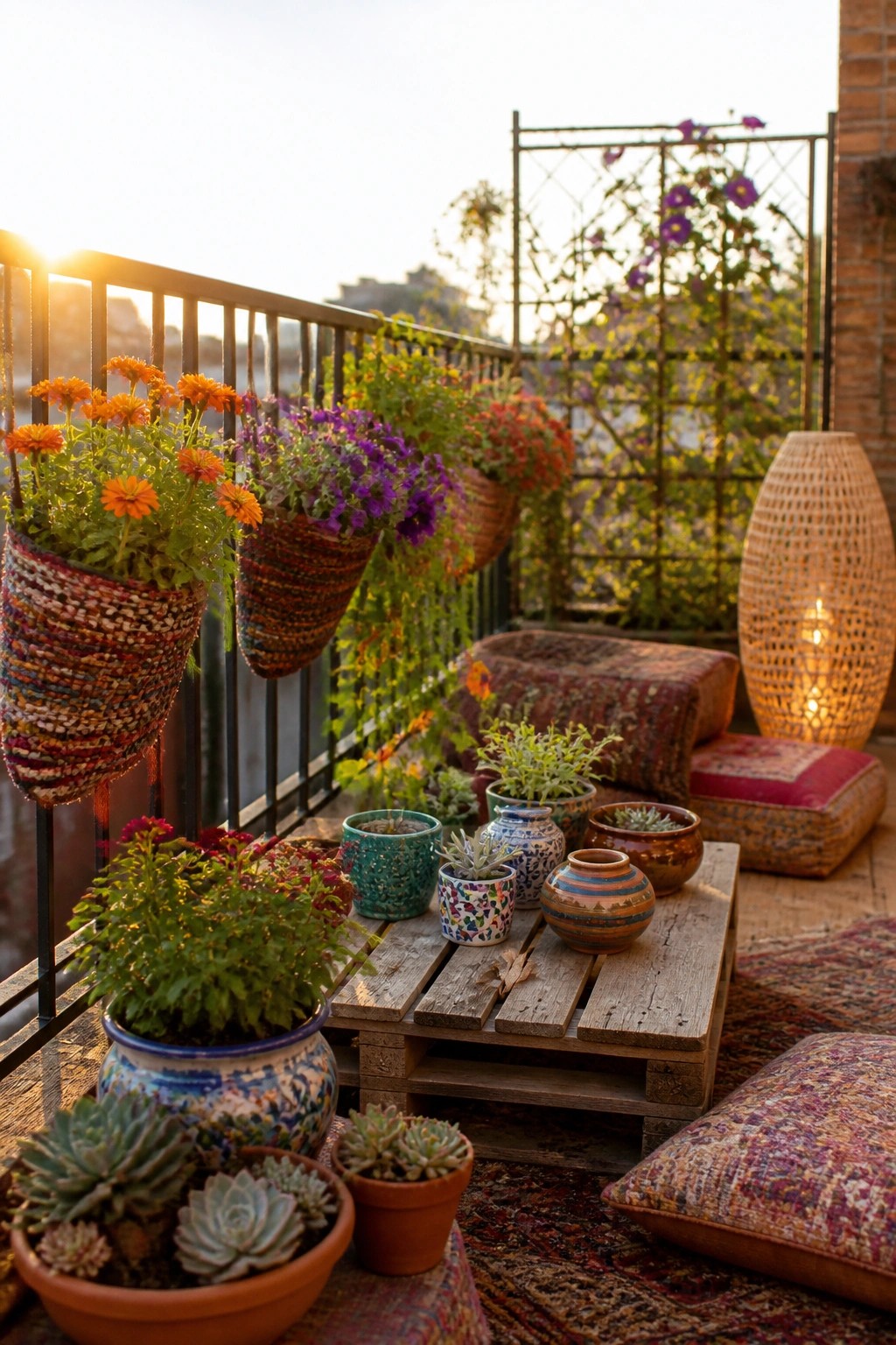 A balcony with colorful hanging planters on the railing, potted flowers on a wooden pallet table, and cushions on the floor.