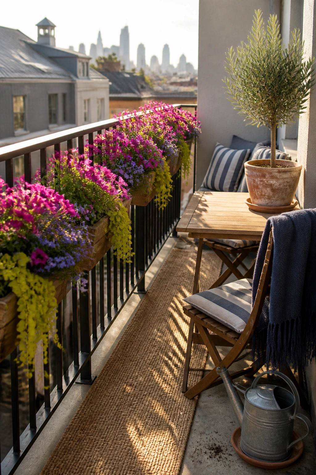 Balcony with vibrant flower boxes, wooden table, chair, potted plant, and city view.
