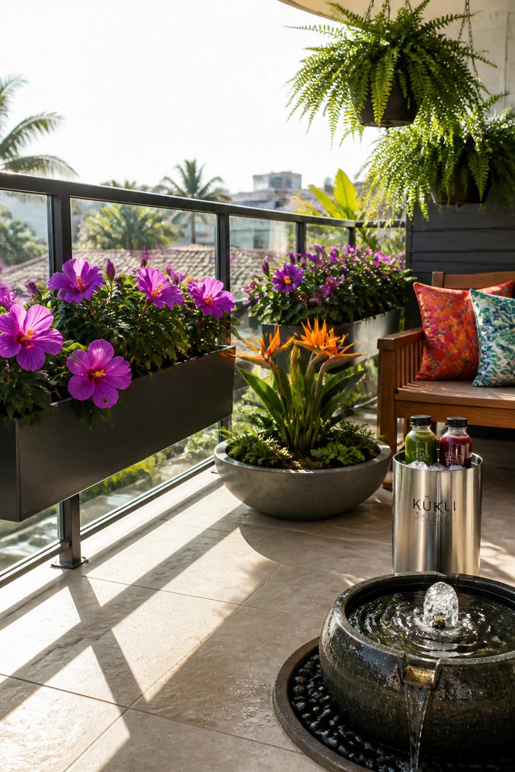 Balcony with black railing planters holding purple hibiscus flowers, a round stone pot with orange bird of paradise blooms, wooden seating with colorful pillows, and a small stone water fountain in the foreground.