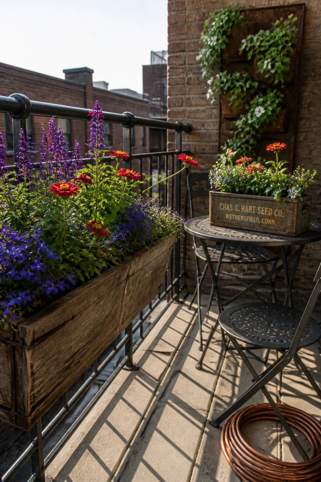 Balcony garden with wooden flower box of purple and red blooms near metal table