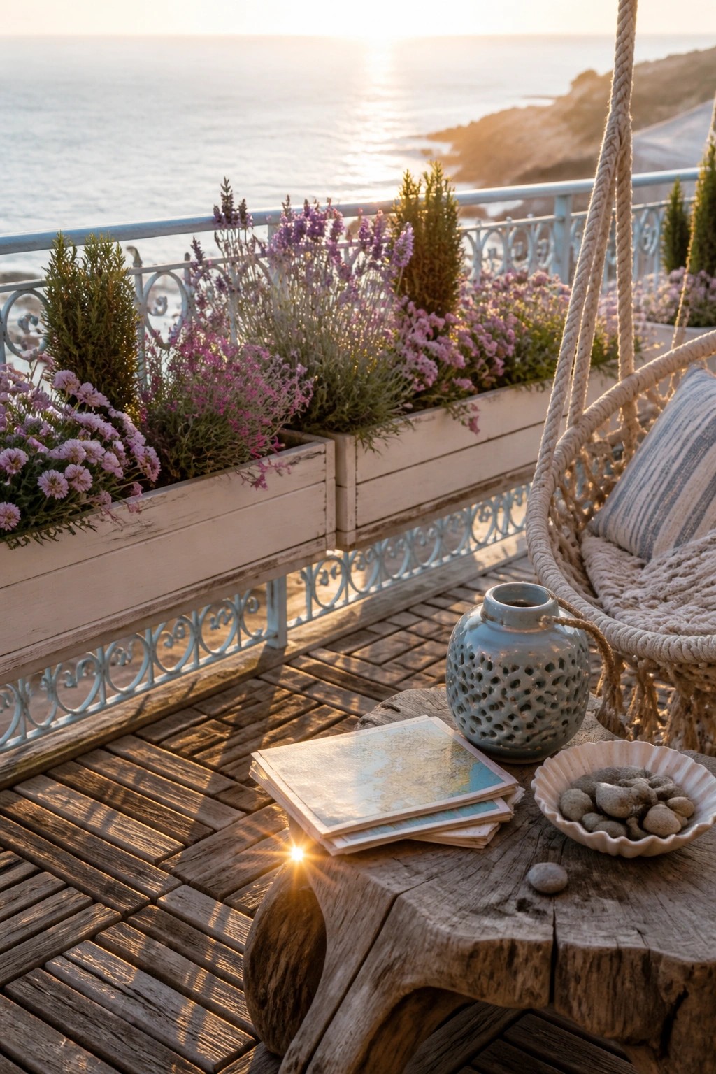 Sunset over ocean from wooden deck with macrame chair, flowers, and rustic table