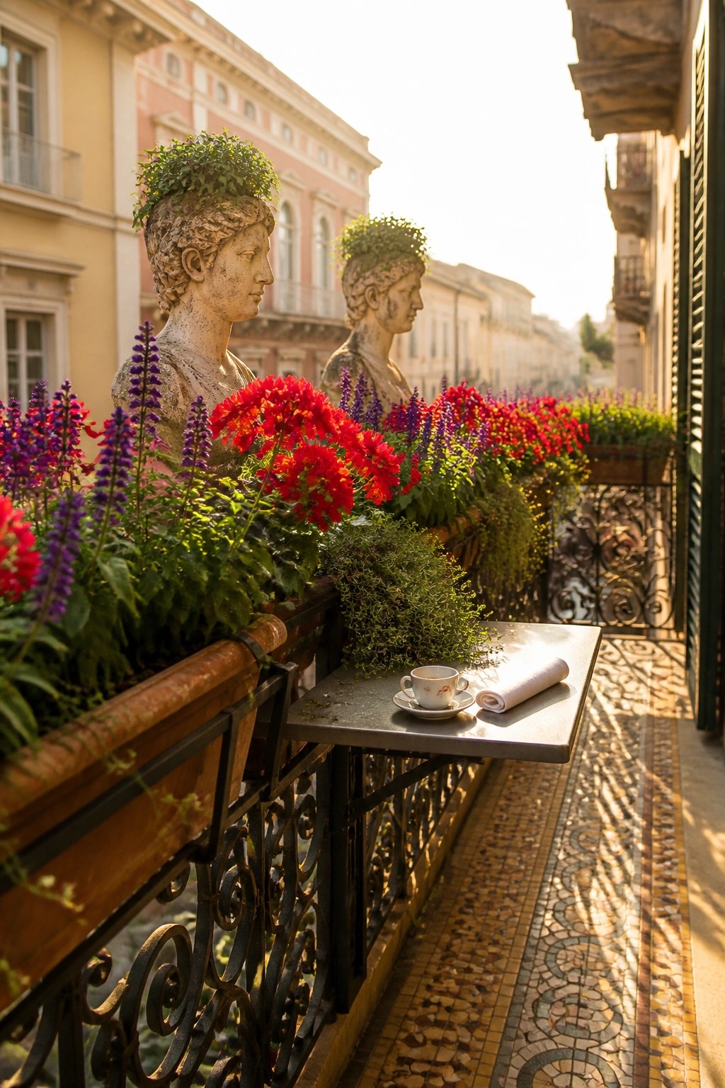 A balcony railing lined with wooden planters holding red, purple, and trailing green flowers, with a small metal table holding a coffee cup in the foreground.