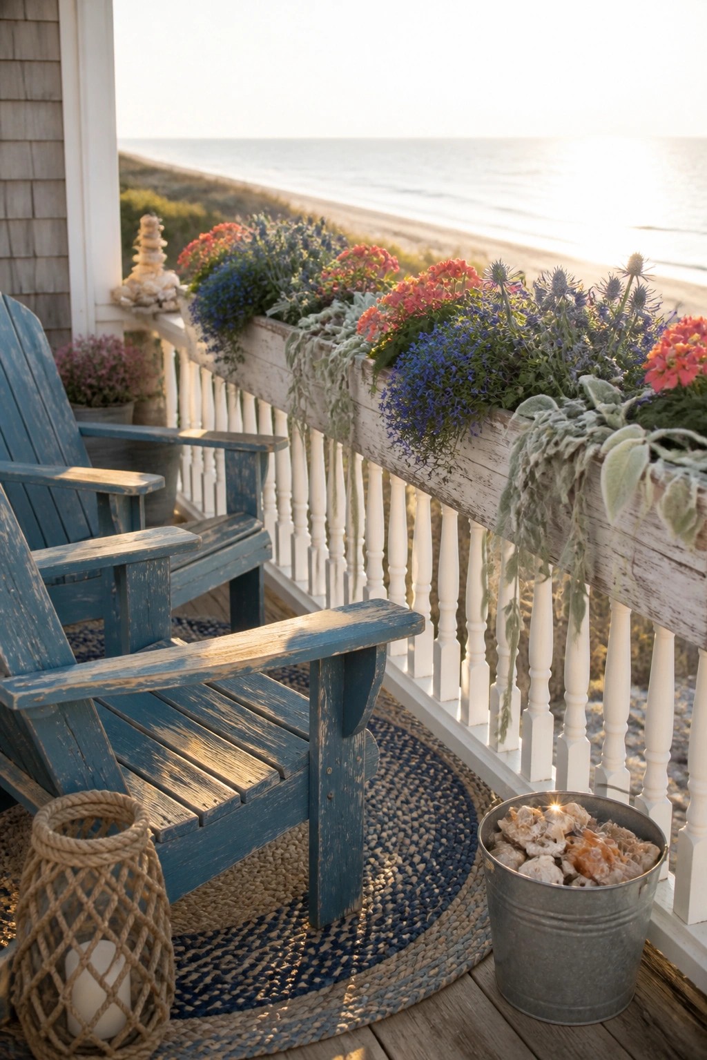 Blue Adirondack chair on porch with colorful flowers overlooking ocean at sunset