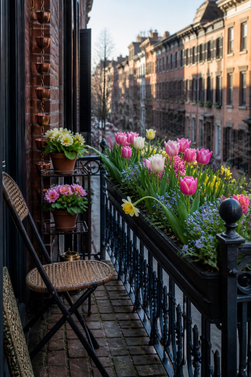 A narrow balcony with a black metal railing holding a long planter box filled with pink, yellow, and white tulips plus smaller blue flowers, beside a wicker chair on brick paving.