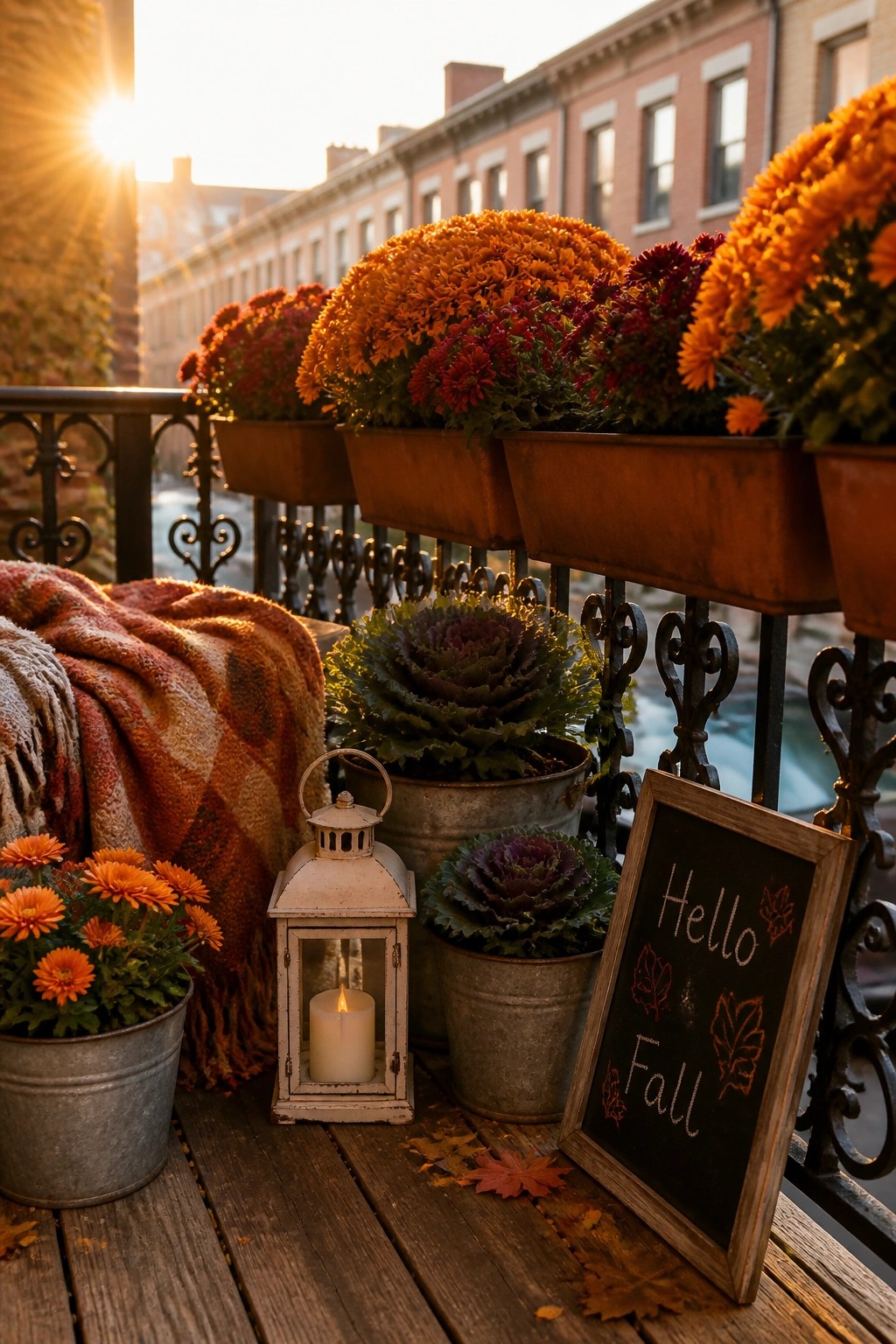 A wooden balcony with metal railing planters holding orange chrysanthemums and purple kale, a lit lantern, a plaid blanket, and a chalkboard sign reading Hello Fall.