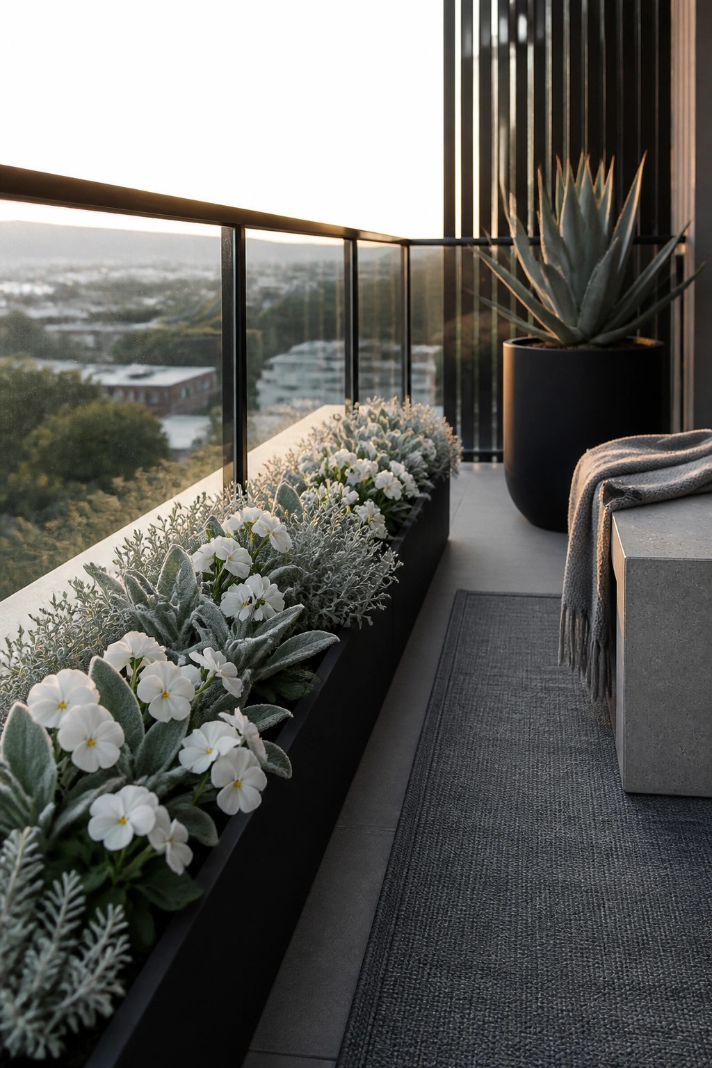 Balcony with white flowers in black planter, agave plant, gray rug, city view