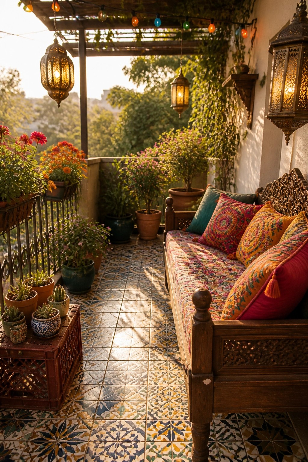 A wooden bench with colorful patterned pillows sits on a tiled balcony filled with potted plants and lit lanterns.