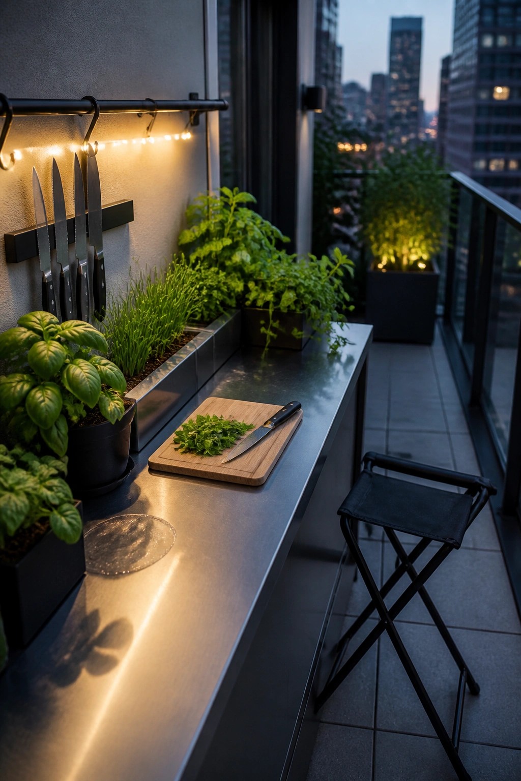 A balcony at dusk features a long stainless steel counter with a wooden cutting board holding chopped herbs and a knife, potted basil and other herbs, a magnetic knife rack with string lights, and a black folding stool overlooking city buildings.