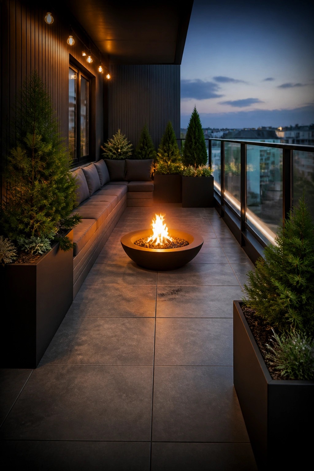 A modern balcony at dusk with an L-shaped sectional sofa, a central bowl fire pit, potted evergreen trees, and string lights along the wall overlooking a city view.
