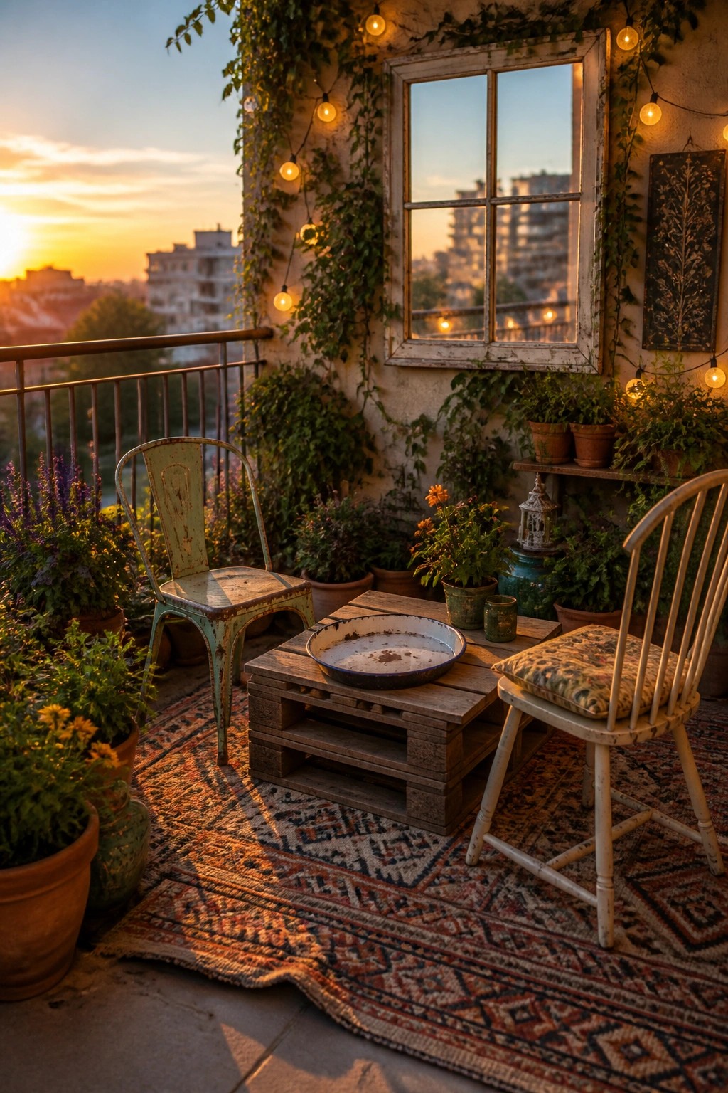 A balcony at sunset with two mismatched chairs, a wooden pallet table holding a metal pan, potted plants, string lights, and a large patterned rug on the floor.