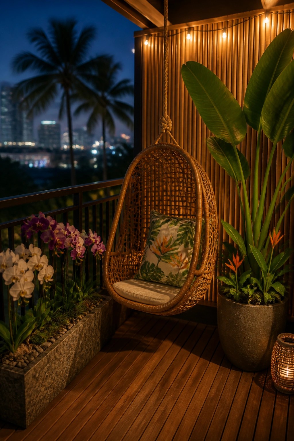 A woven hanging chair with a cushion and leaf-patterned pillow hangs on a wooden balcony beside large potted plants, string lights, and a stone planter filled with white and purple orchids, overlooking a city skyline at dusk.