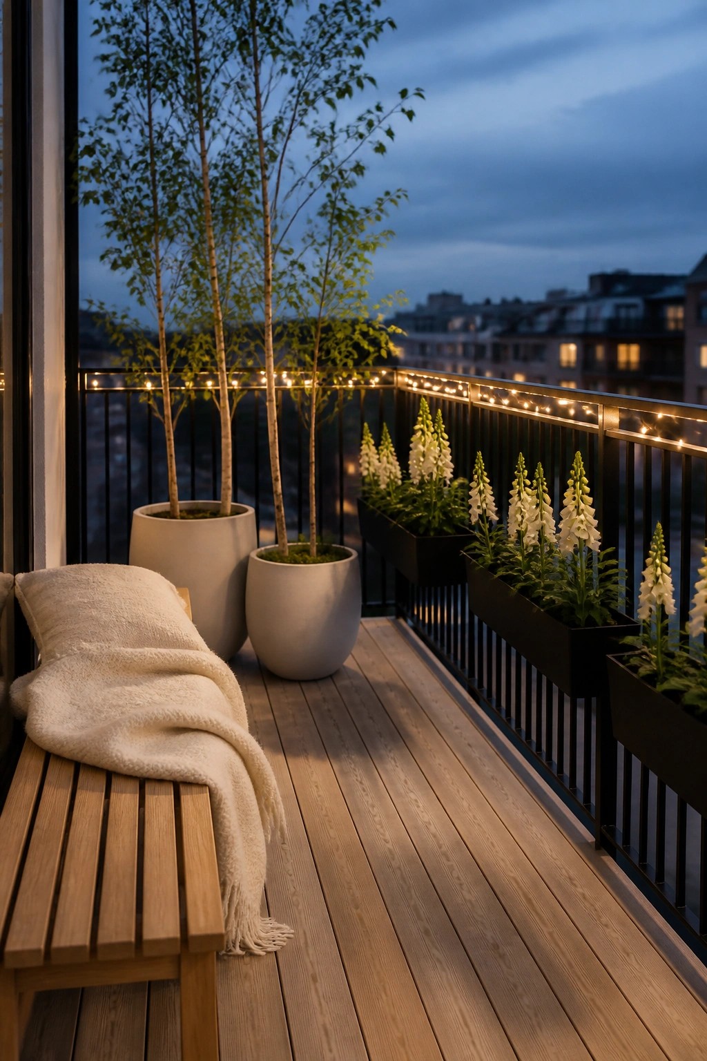 A wooden balcony at dusk with string lights along the railing, several potted trees and white flowers, and a bench with a folded blanket.