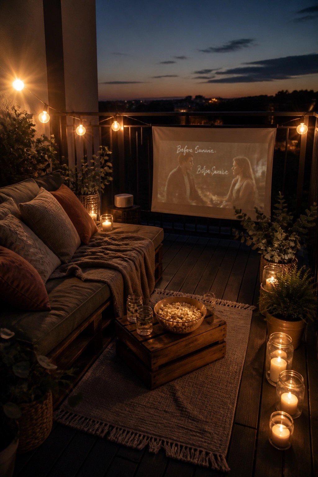 A balcony at dusk featuring string lights along the railing, a pallet sofa with cushions, a projector screen, a bowl of popcorn on a wooden crate, and multiple lit candles among potted plants.