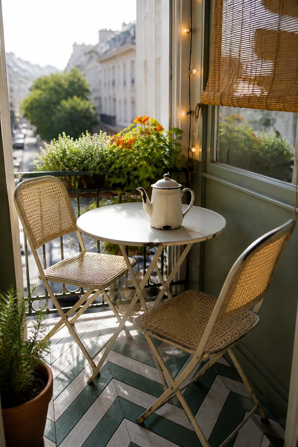 A small balcony with two folding bistro chairs, a round table holding a white teapot, potted plants, and string lights along the railing overlooking city buildings.