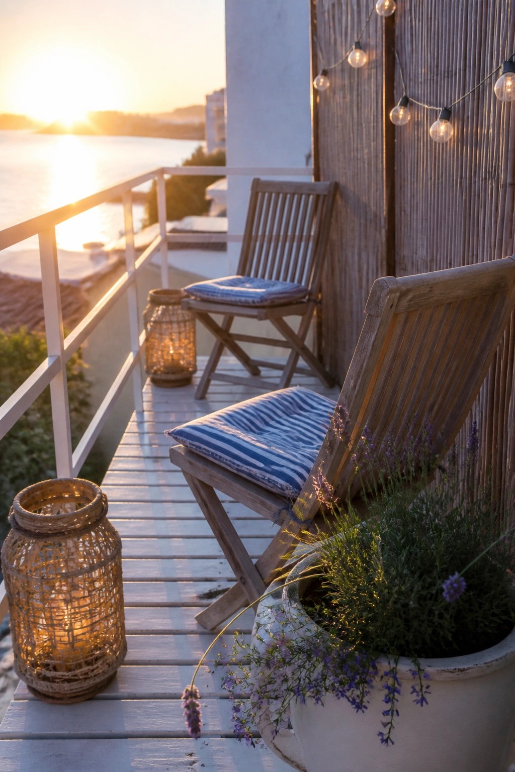 A wooden balcony with two folding chairs, striped cushions, potted plants with purple flowers, woven lanterns, and string lights at sunset overlooking water.