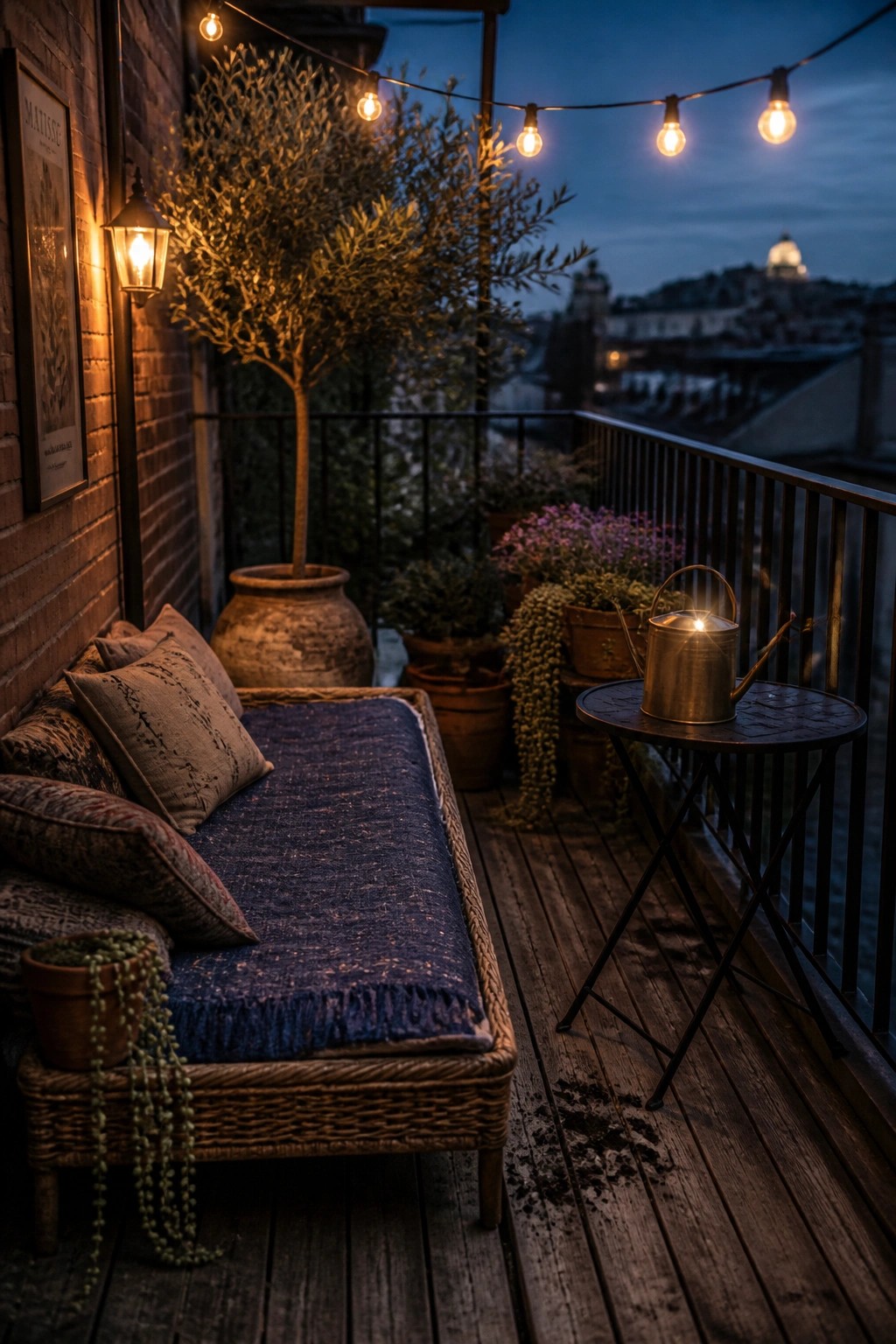A wooden balcony at dusk features a wicker daybed with blue blanket and pillows, multiple potted plants including an olive tree, string lights overhead, and a small metal table holding a lit watering can.