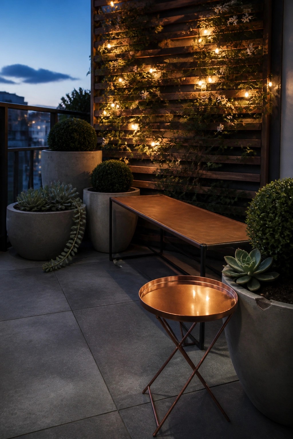 Balcony with potted plants, a leather bench, a copper side table, and string lights on a wooden slatted wall with vines.