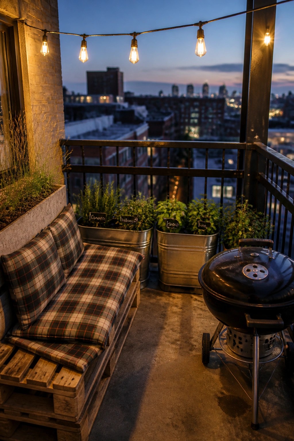 A city balcony at dusk with wooden pallet seating, metal herb planters, a black grill, and string lights strung overhead.