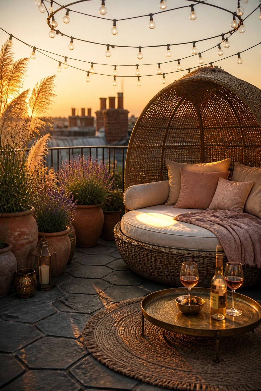 A large woven egg chair with cushions sits on a paved balcony at dusk, surrounded by terracotta pots of lavender and grasses, with string lights overhead and a low tray holding wine glasses in the foreground.