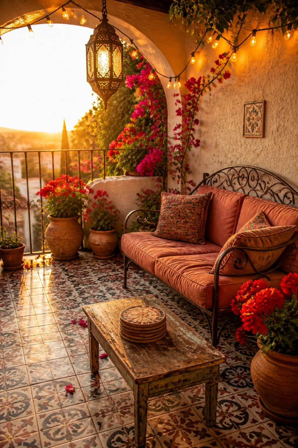 A balcony with a red cushioned sofa under string lights and a hanging lantern, surrounded by potted red flowers on patterned tile.