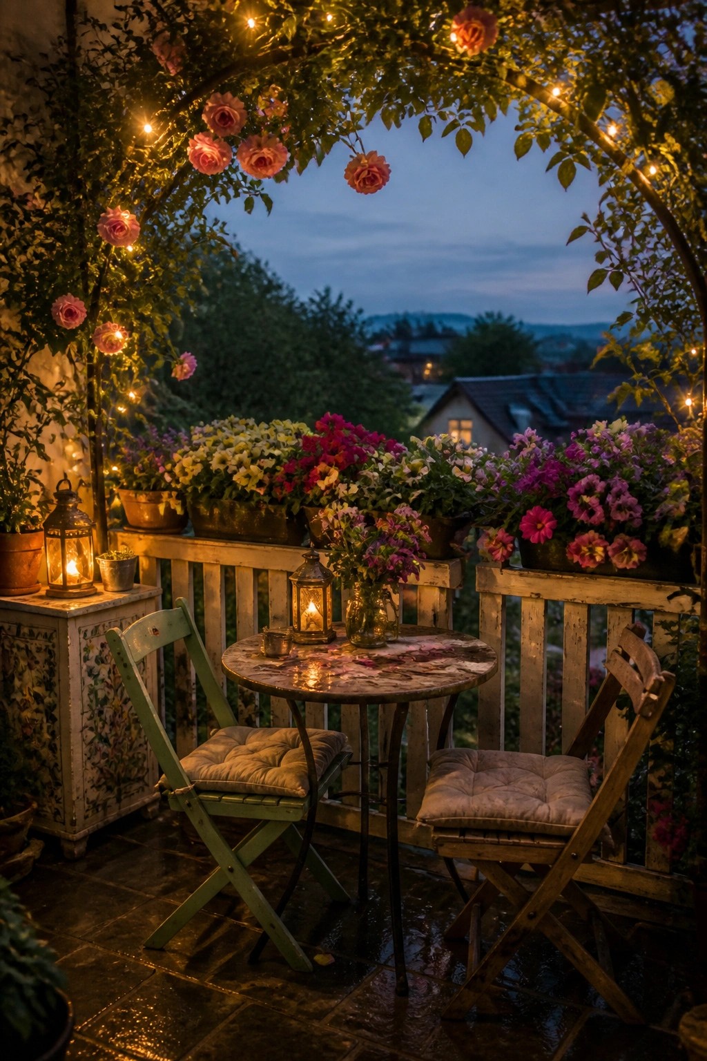 A balcony at dusk with a round table and two chairs, surrounded by potted flowers and string lights on an overhead arch.