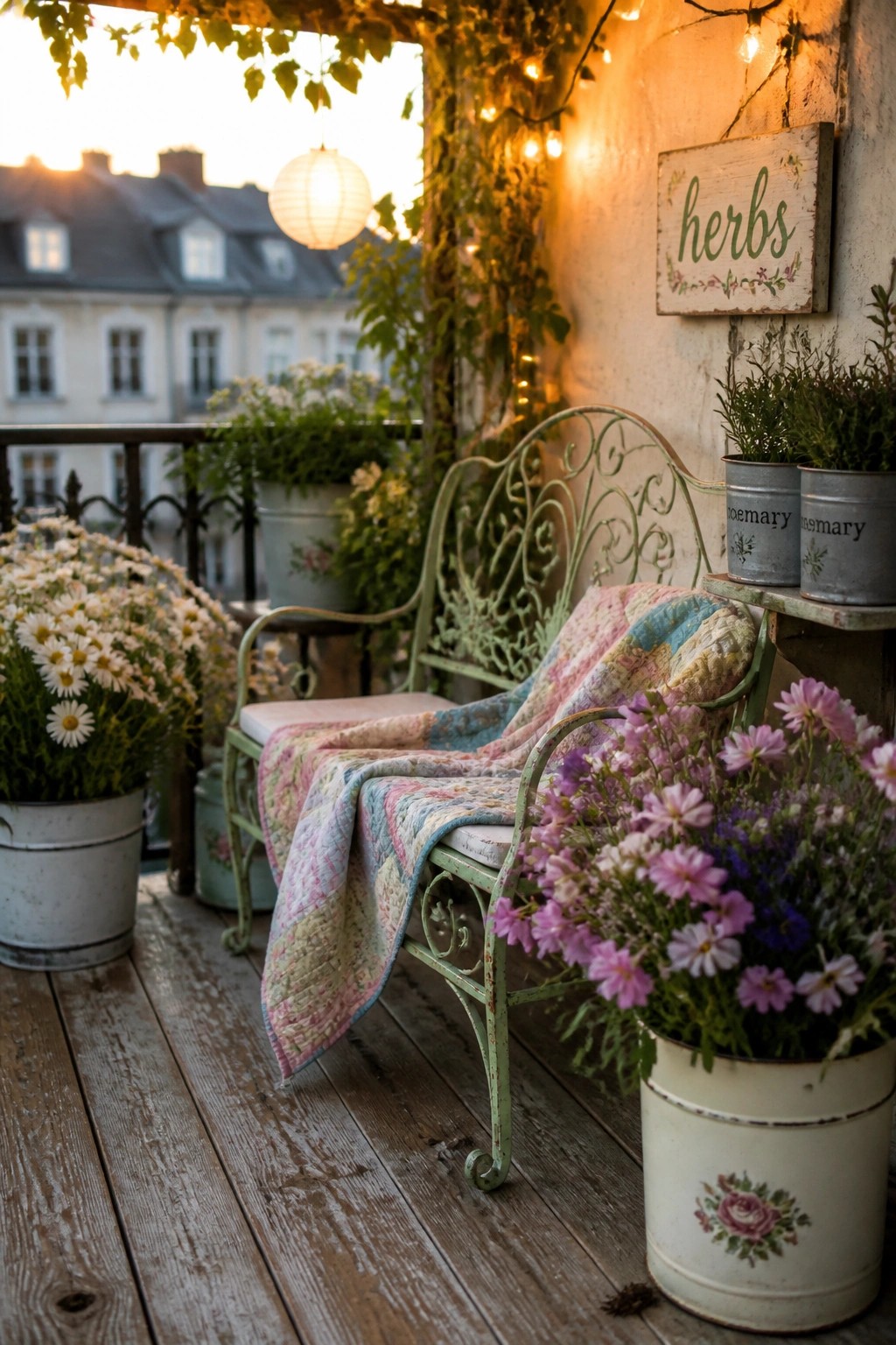 A green metal bench covered with a patchwork quilt sits on a wooden balcony surrounded by potted flowers and herbs, with string lights strung overhead and a wooden sign reading herbs on the wall.