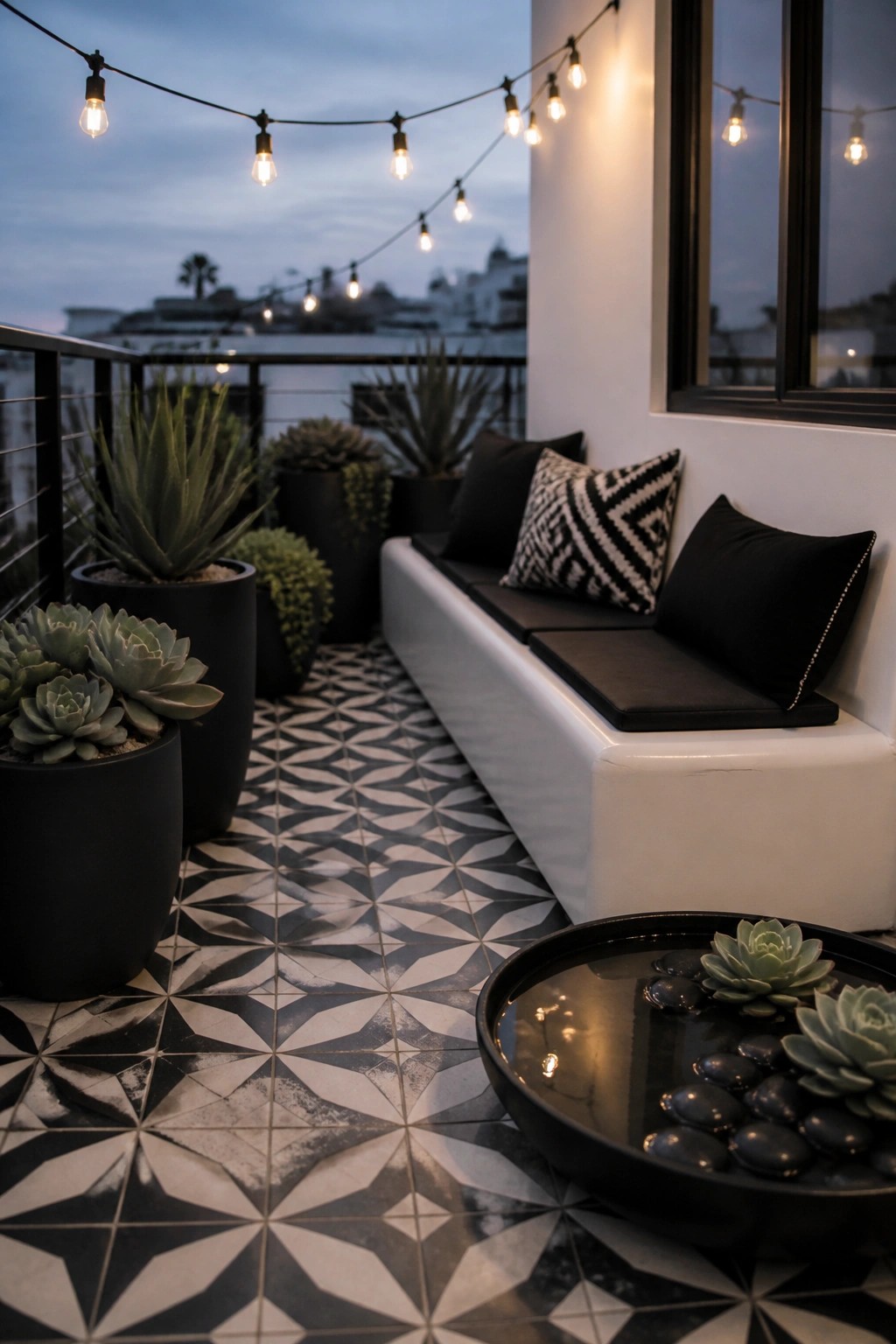 A balcony at dusk with a white built-in bench, black cushions, patterned tile floor, multiple black pots of succulents, and string lights strung overhead.