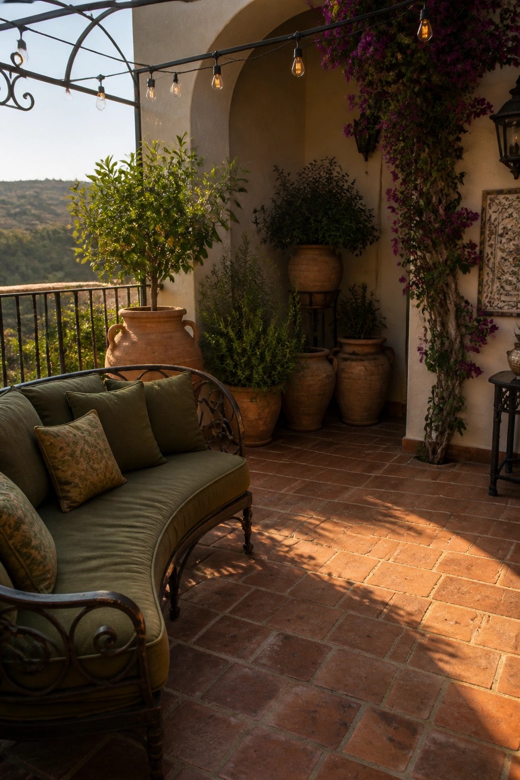 A curved green sofa sits on a brick patio surrounded by large terracotta pots and string lights overhead.