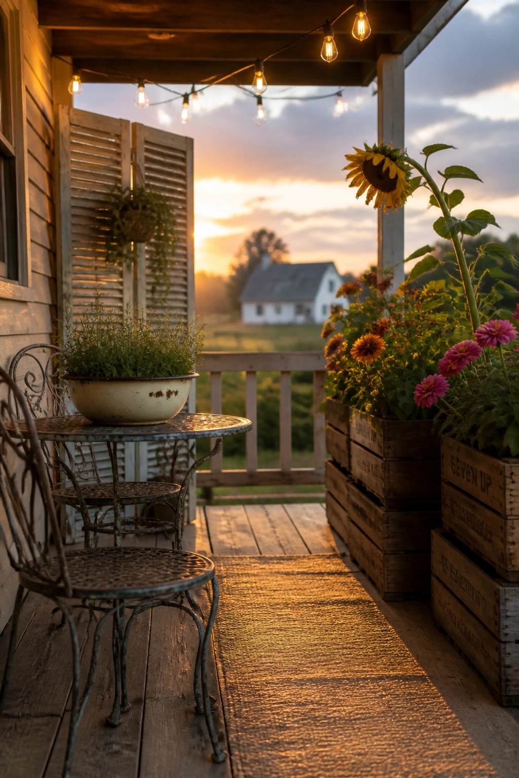 A wooden porch at dusk with string lights overhead, vintage metal table and chairs, potted flowers in wooden crates, and a view of a white barn in the distance.