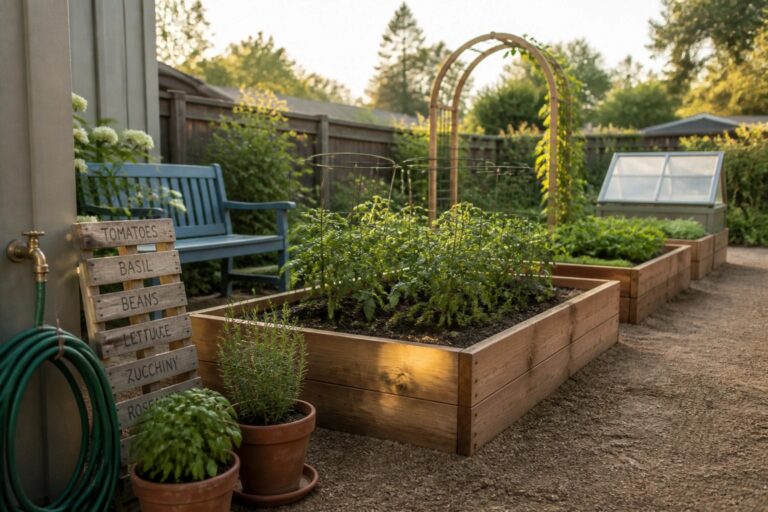 A backyard vegetable garden with wooden raised beds, arched trellises, a gravel path, and potted plants beside a house.