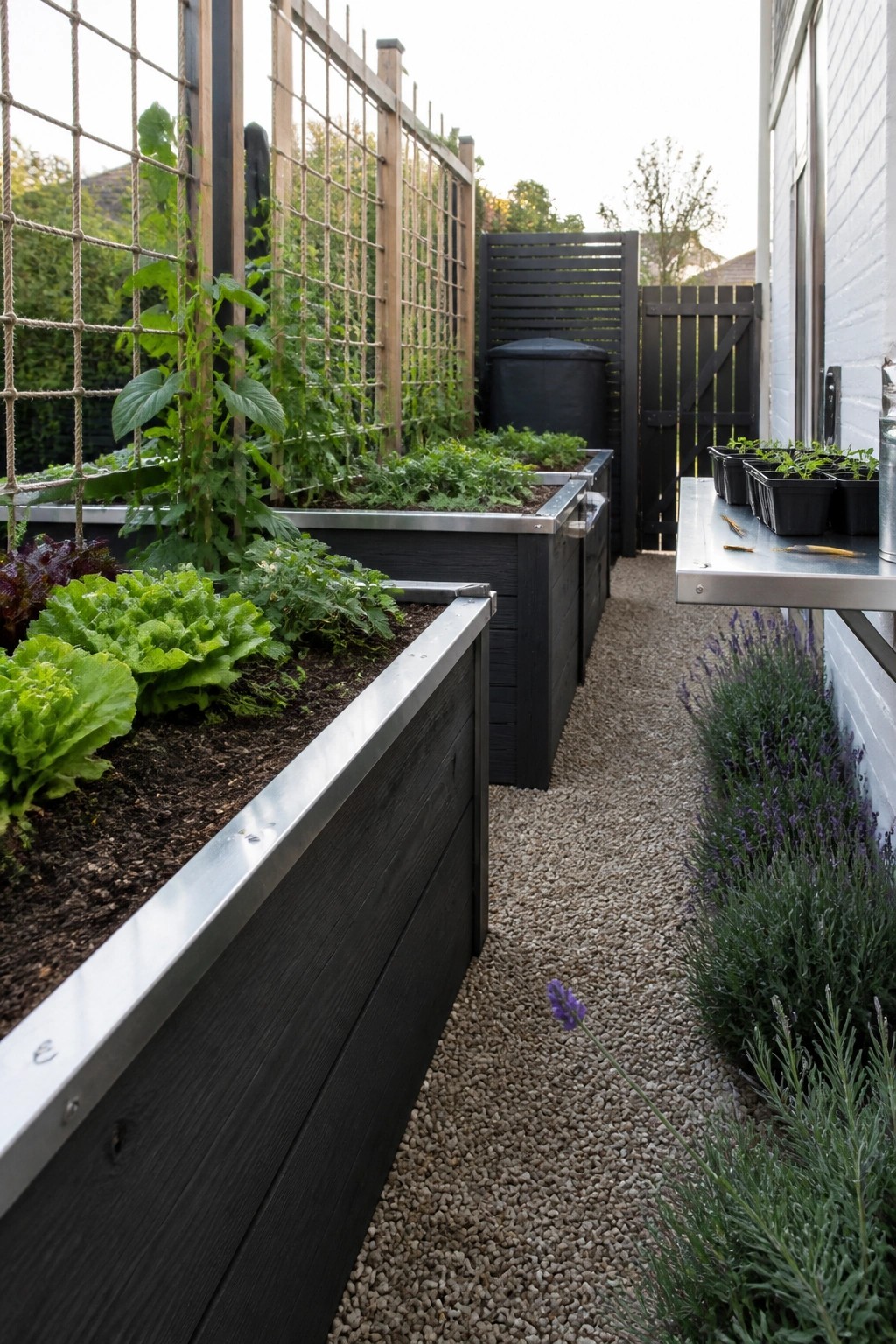A narrow gravel path runs between long dark raised garden beds filled with leafy vegetables, with wooden trellises and a metal table holding seedling trays on the right.