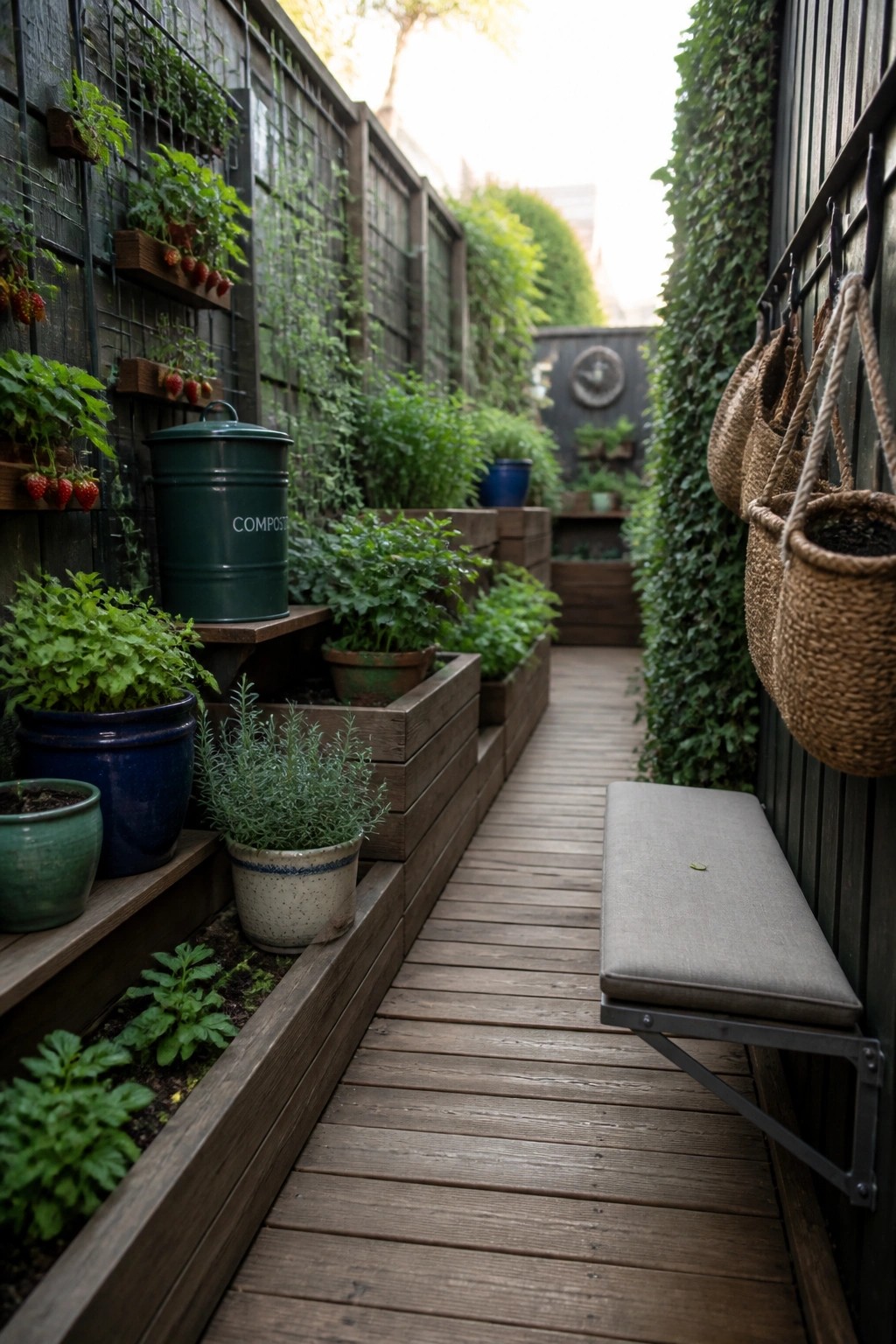 A narrow wooden path runs between raised garden beds filled with potted plants and herbs, with wall-mounted strawberry planters on the left and hanging baskets on the right.