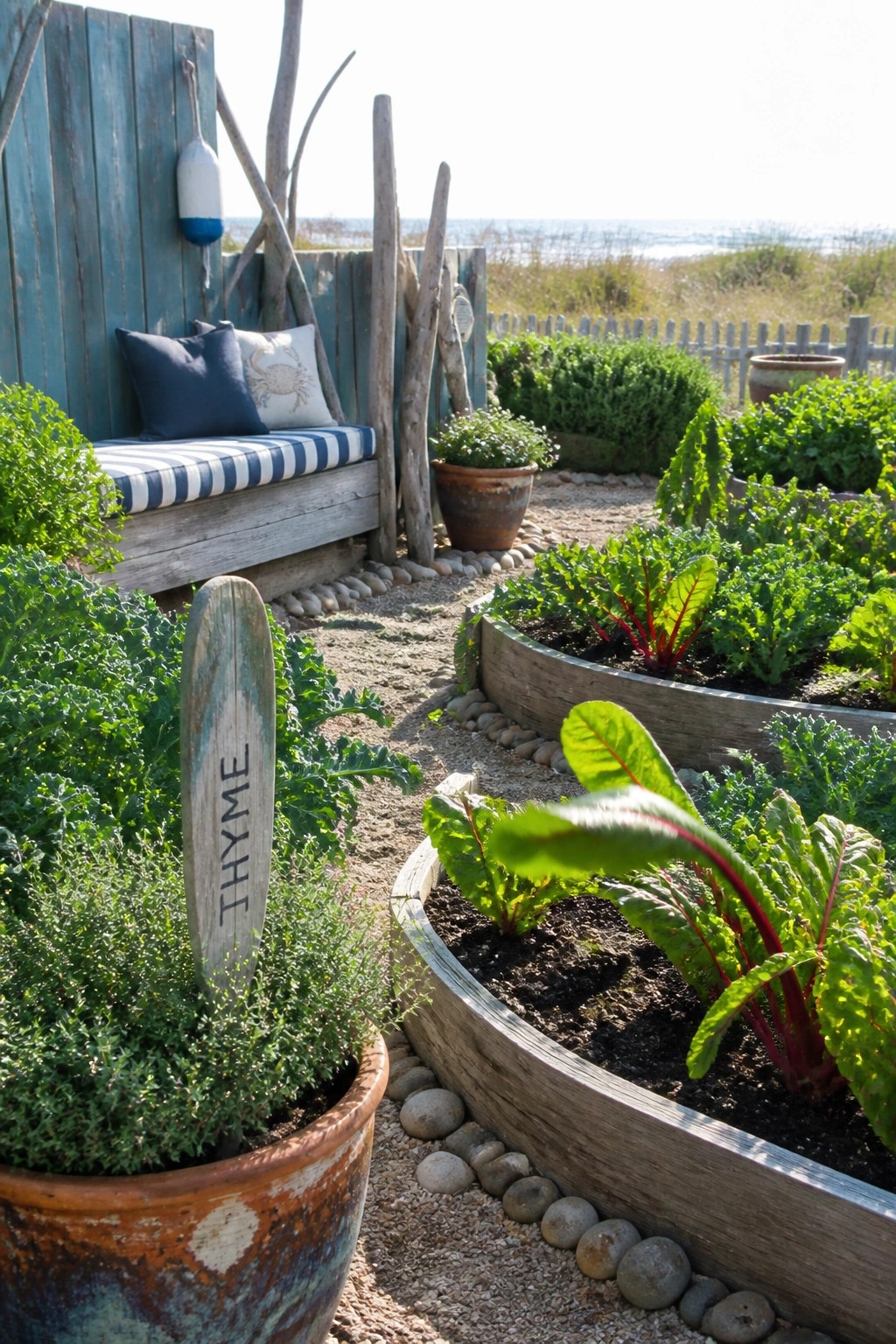 Coastal garden with raised vegetable beds, potted thyme, and rustic bench by the sea.