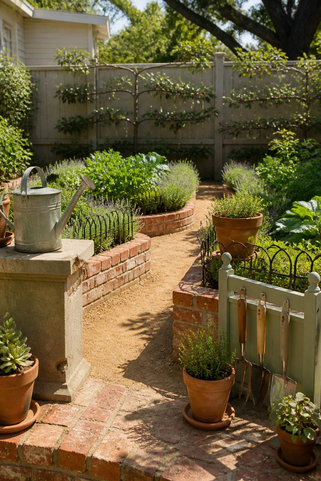 A backyard vegetable garden with raised beds bordered by red bricks, a dirt path running between them, and potted plants with tools placed along the edges.