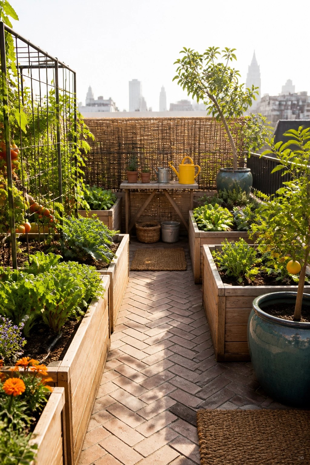 A rooftop vegetable garden with wooden raised beds on both sides of a herringbone brick path, featuring various plants, a trellis with tomatoes, and a city skyline in the background.