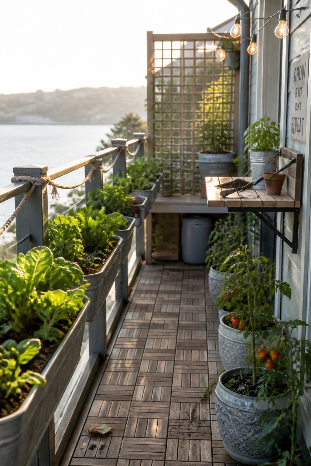 Balcony garden with leafy greens, tomato plants, string lights, and water view.