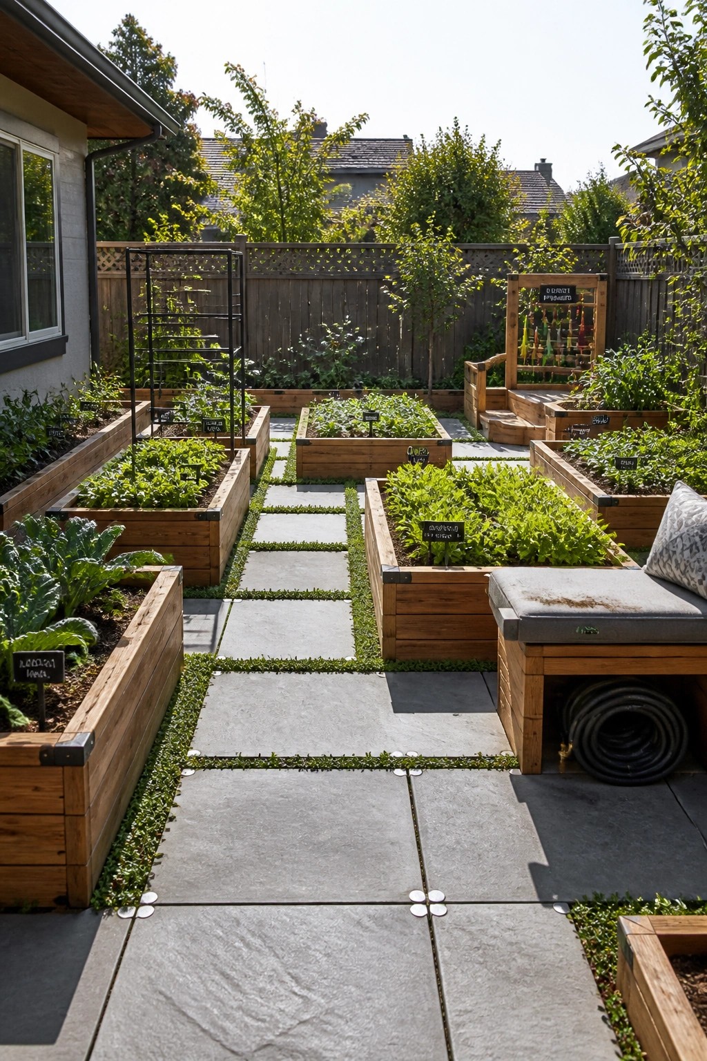 Wooden raised garden beds with green plants along stone pathway.