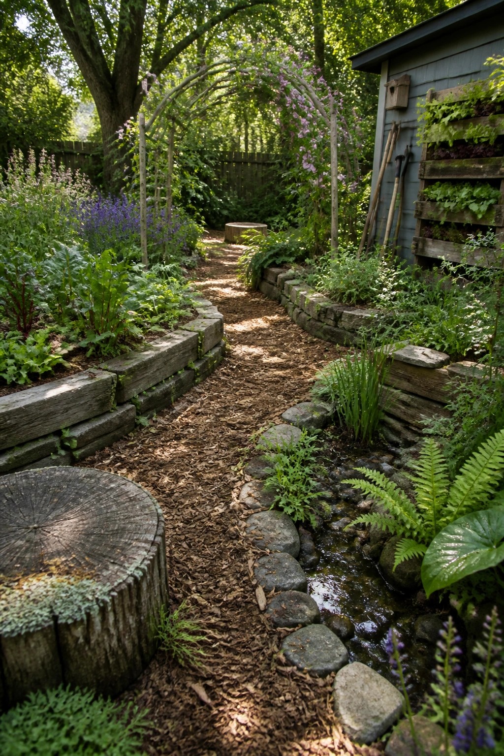 Garden path with raised beds, purple flower arch, and stepping-stone stream.