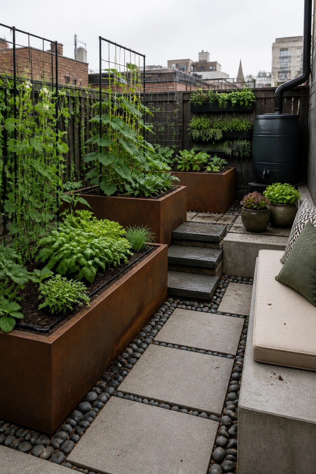 A rooftop vegetable garden featuring multiple rusted metal raised beds with climbing plants on black wire trellises, stone paver paths edged with pebbles, and a black rain barrel beside a wooden fence.